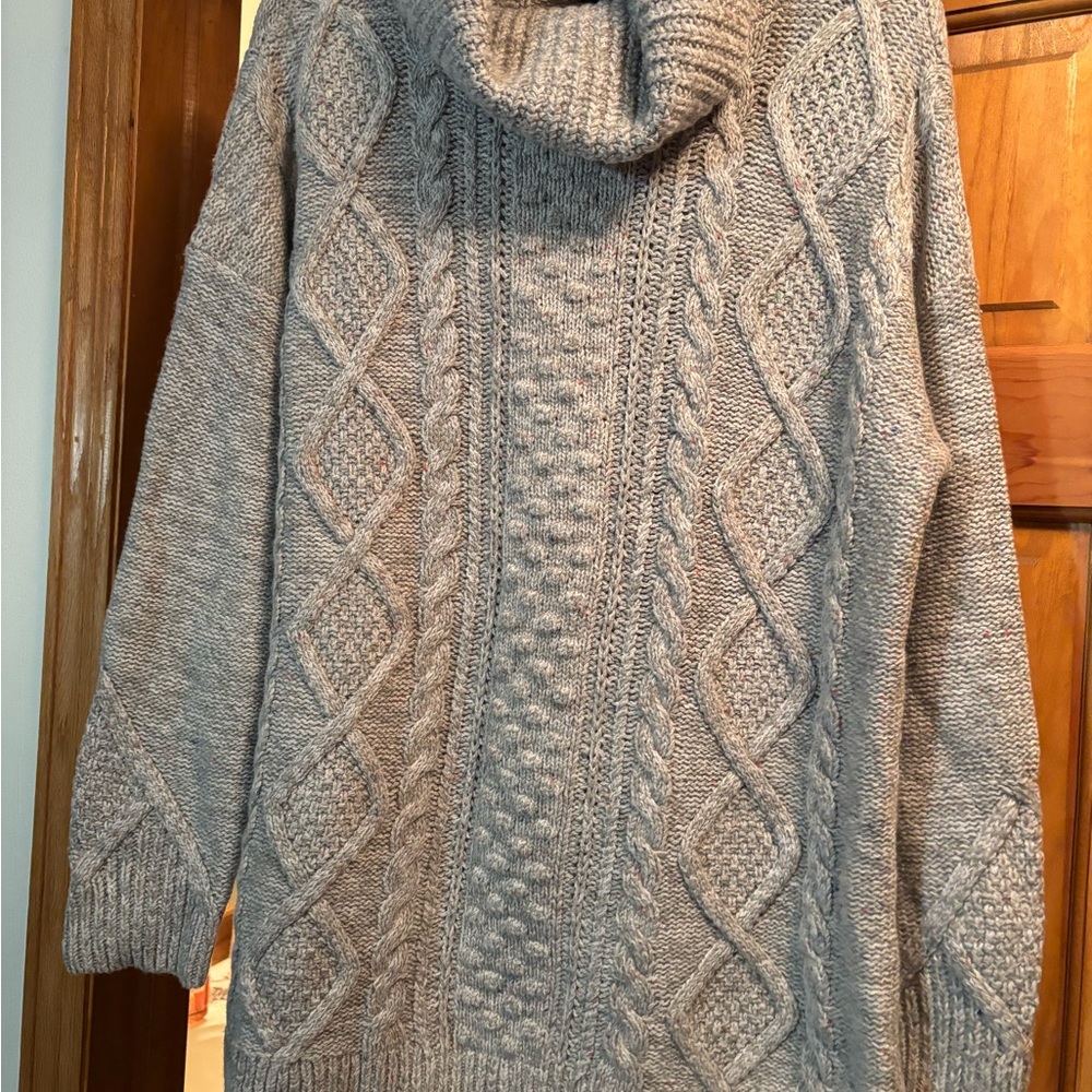 Lands' End Cable Knit Turtleneck Sweater - Light Gray